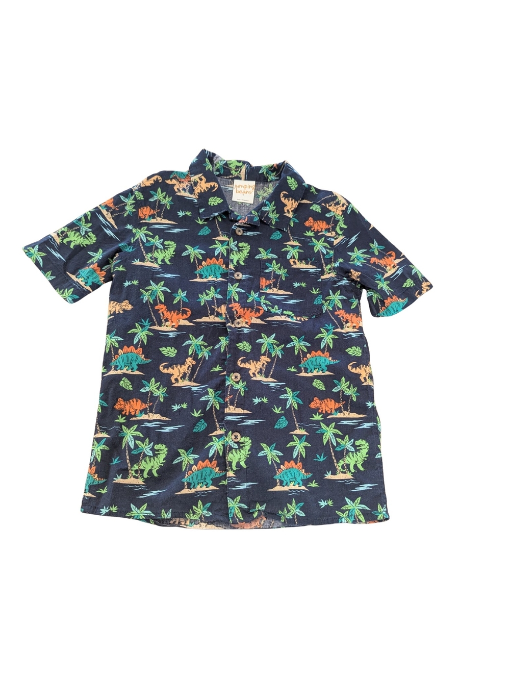 EUC Jumping Beans boys 7 short sleeve button up dinosaur cotton linen shirt blue